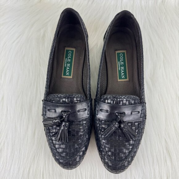 WMNS Cole Haan Megan Woven Leather Tassel Loafers Flats Sz 9B  Blk W3507 ITALY - Picture 3 of 10